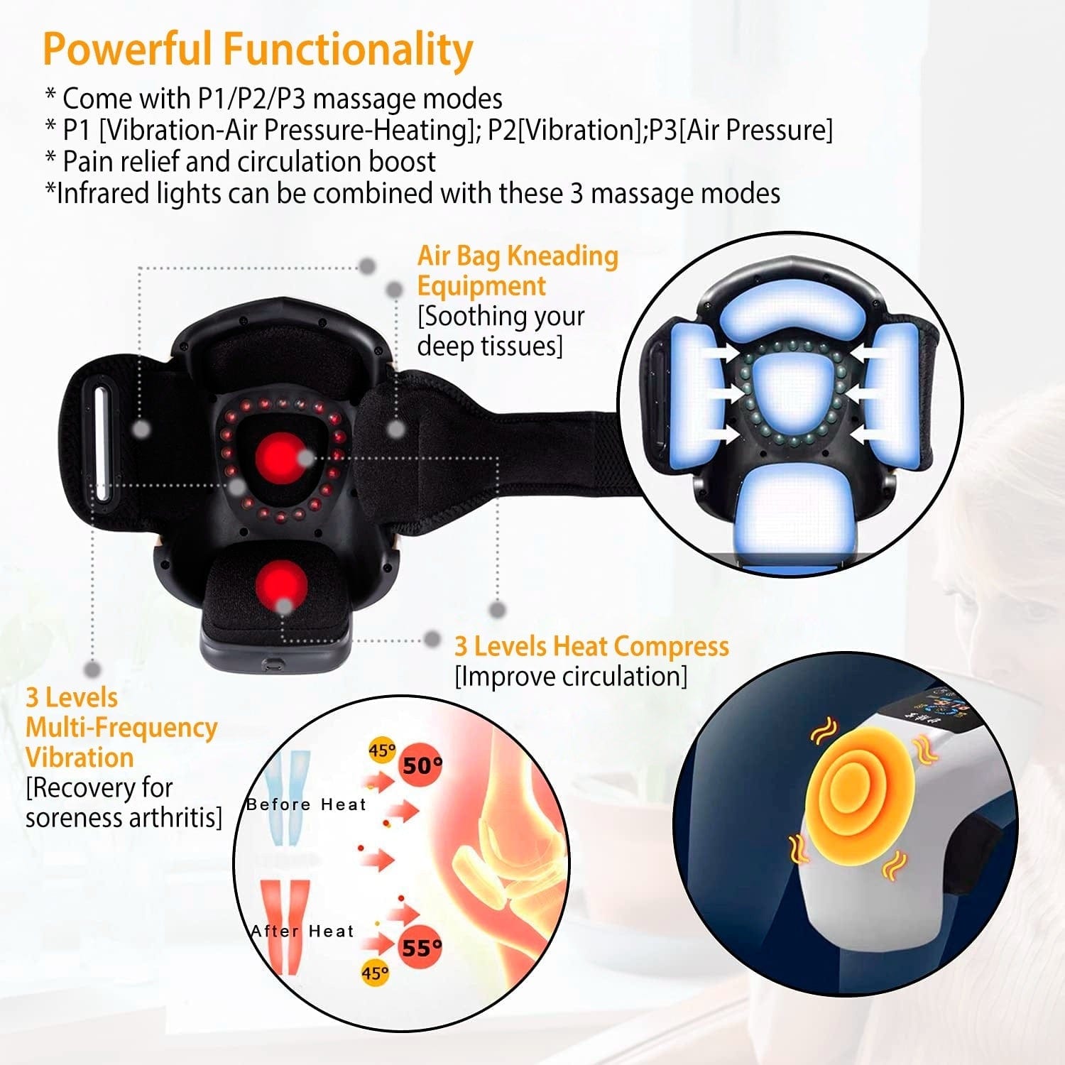 Electric Rechargeable Knee Massager Infrared Heat Pain Relief Therapy